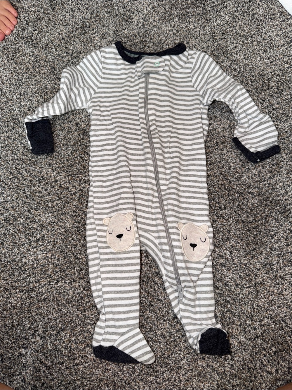 cloud island Gray & White Striped Footed One-Piece with Bear Patches
